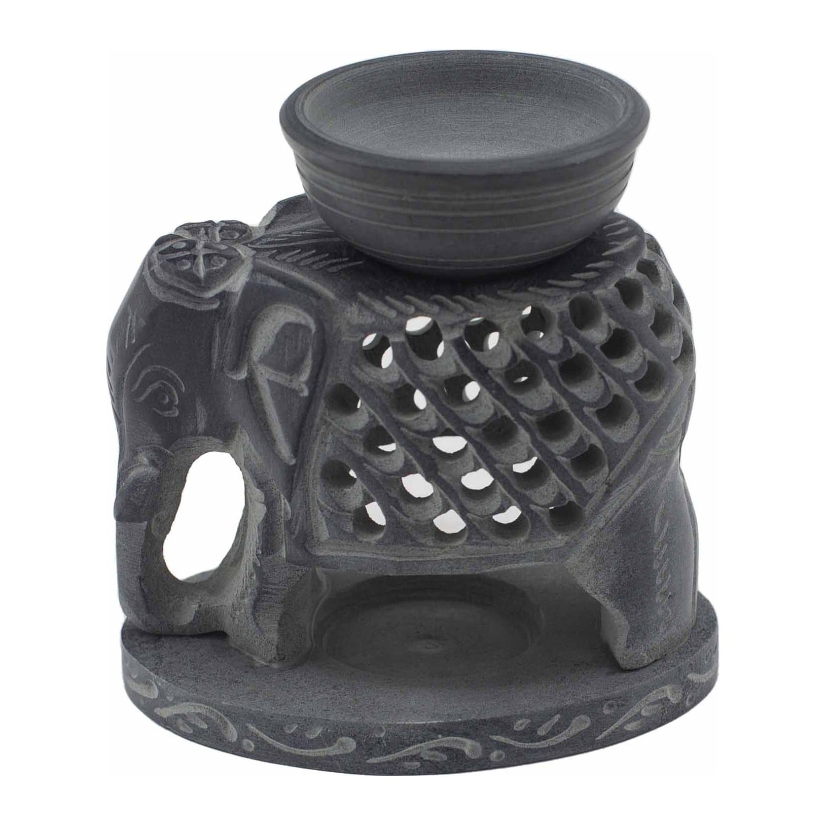 Soapstone oil burner with a hand-carved standing elephant
