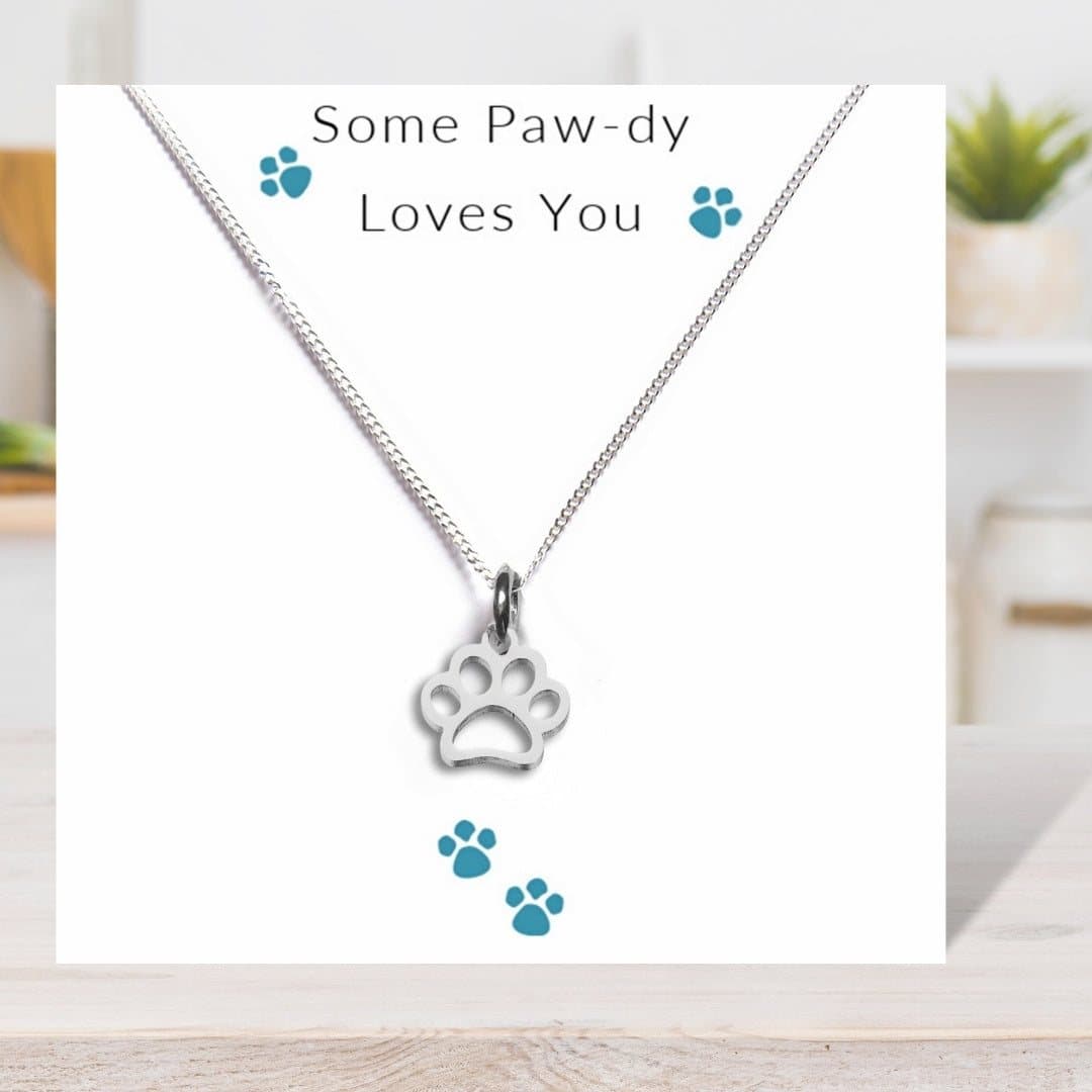 Paw print necklace on a silver chain, with the Some Paw-dy Loves You message card