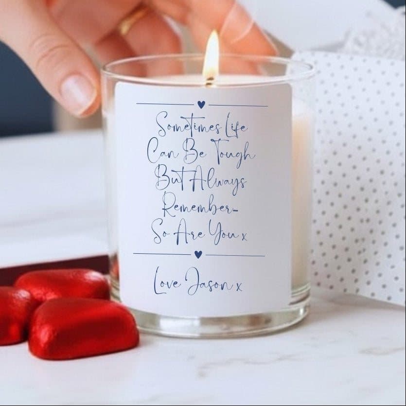 Personalised candle gift set with red foiled chocolate hearts and matches in a gift box