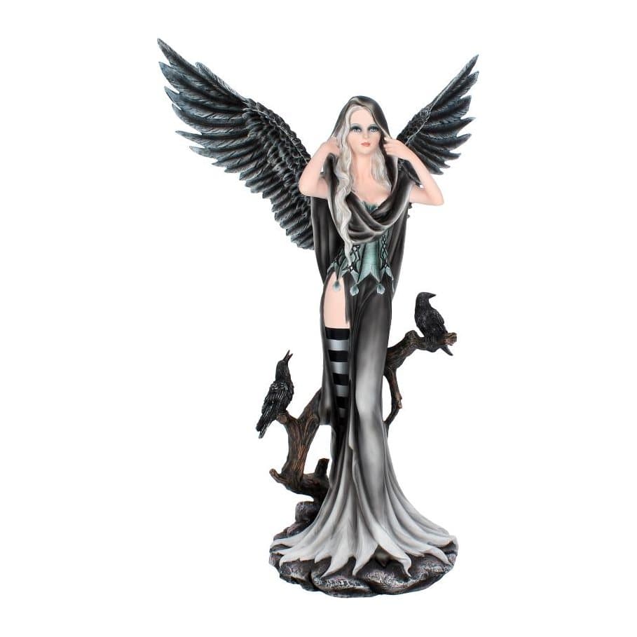 Dark fairy figurine in a black dress with raven wings and ravens on a dead tree