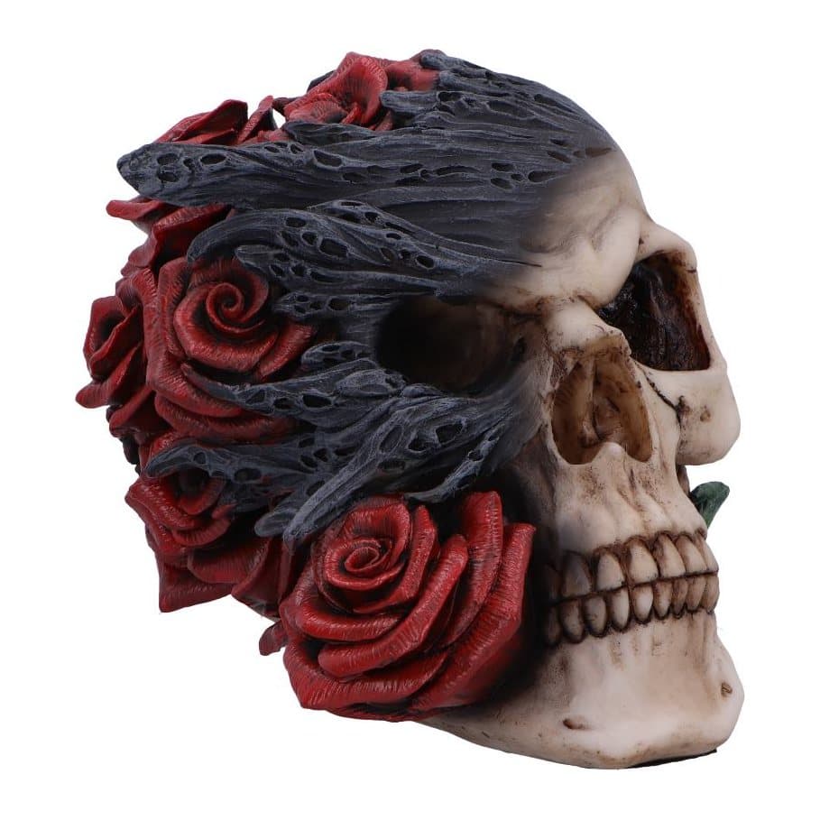 Resin skull with black smoke over red roses