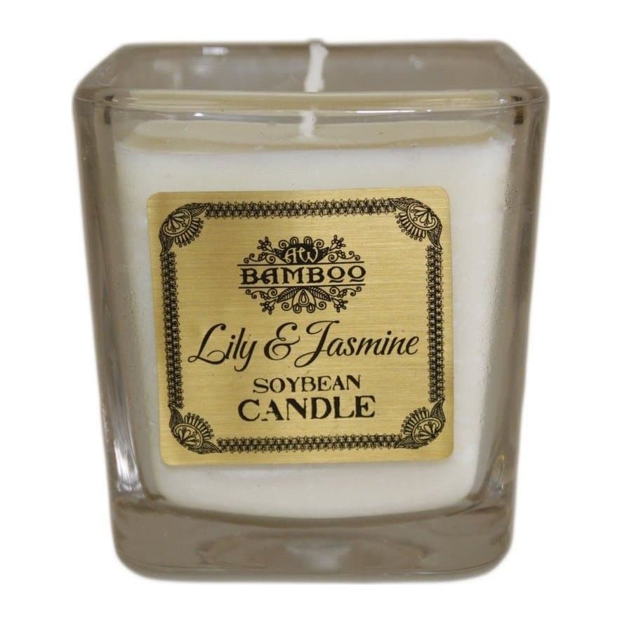 Lily and jasmine soybean wax candle in a recycled glass jar