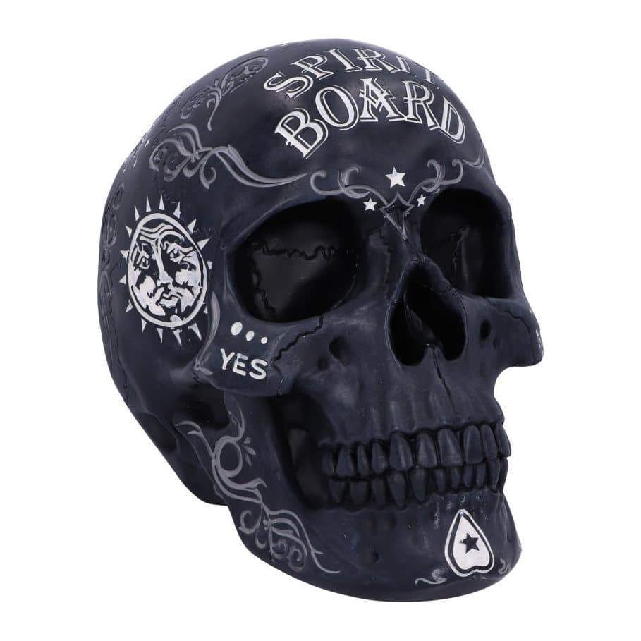 Black resin skull ornament with a spirit board design on its cranium