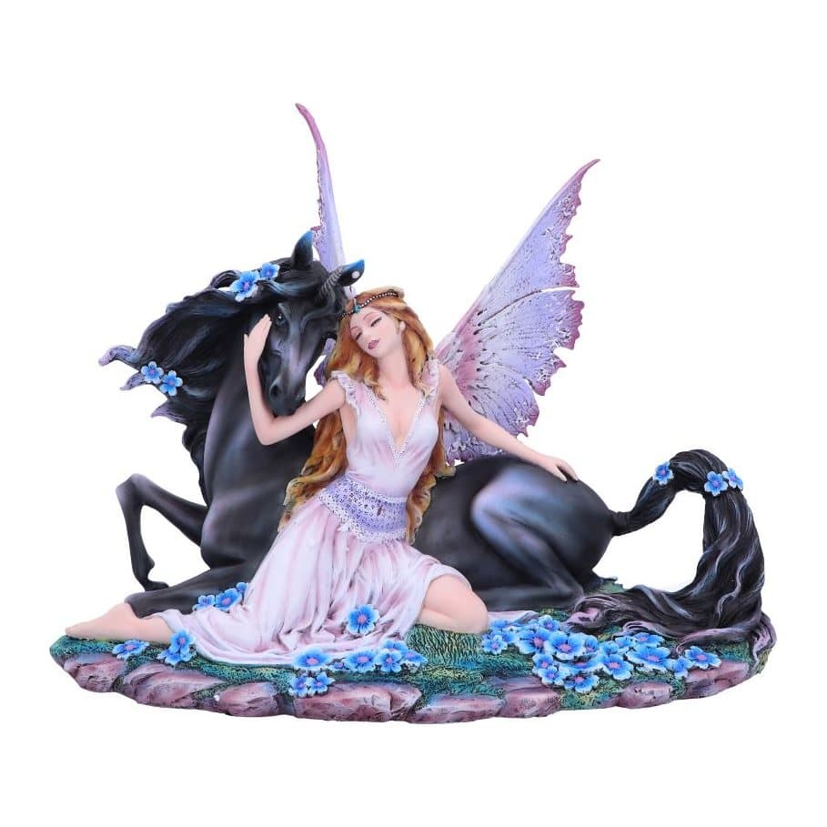 Fairy with lavender and pink wings beside a black horse on a mossy rock