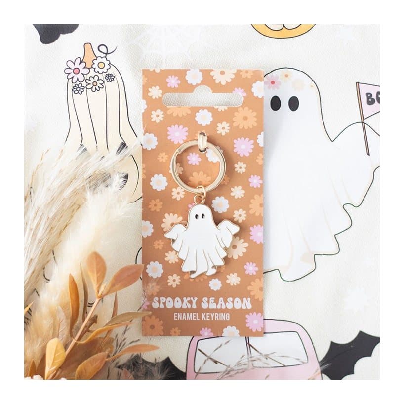 Playful ghost keyring on a groovy floral print backing card