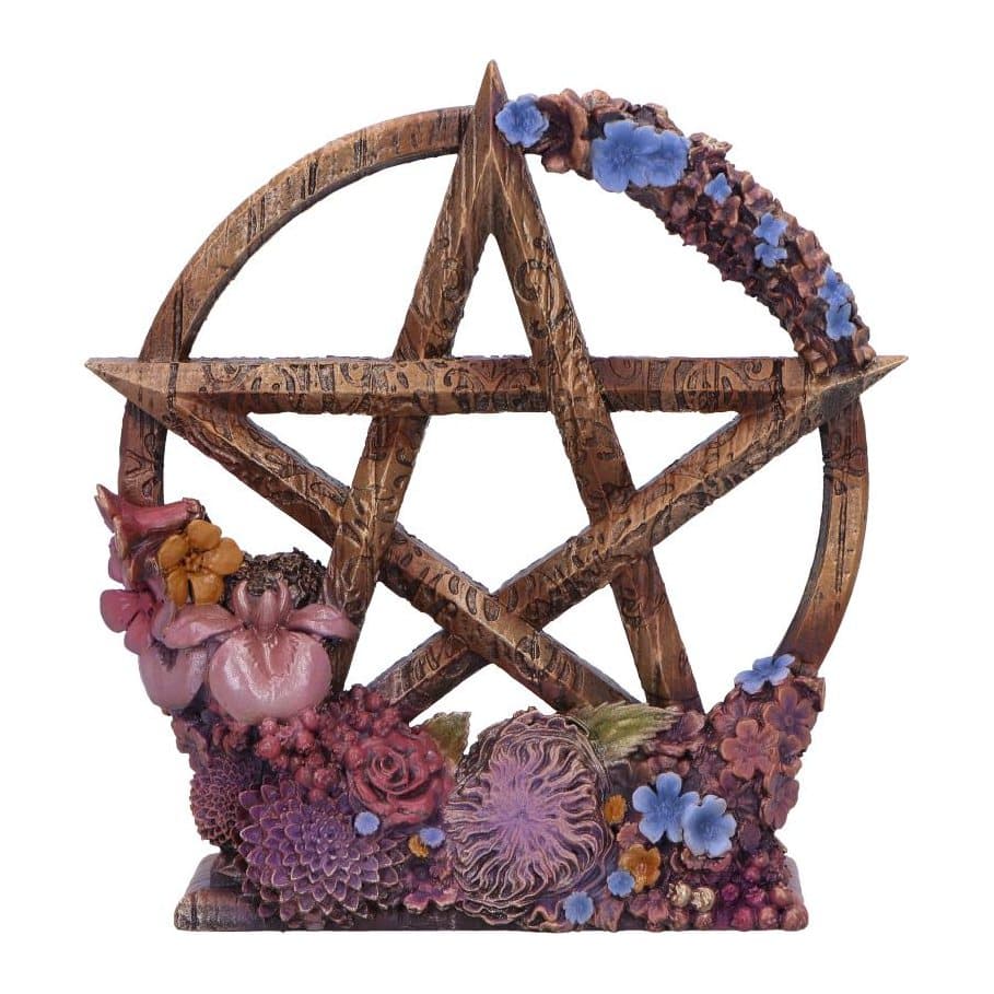 Spring pentagram ornament with pink and blue flowers on a wooden look base