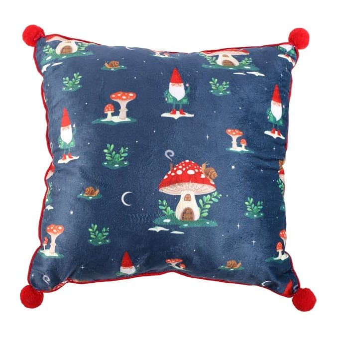 Square cushion with gnome, mushroom and snail print and red pom poms