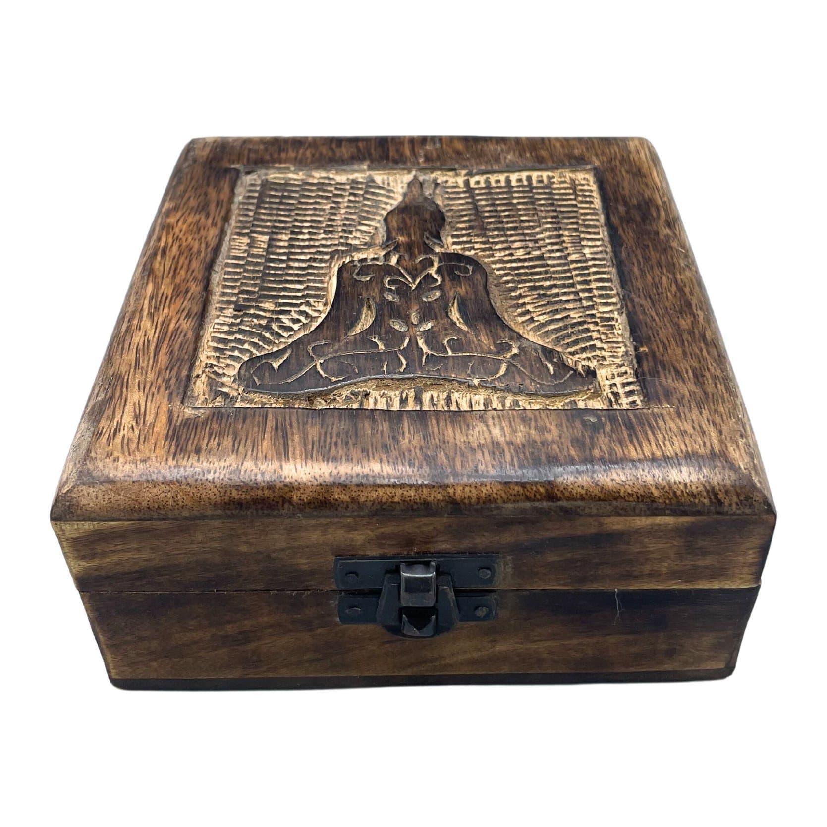 Square wooden keepsake box with a Buddha design