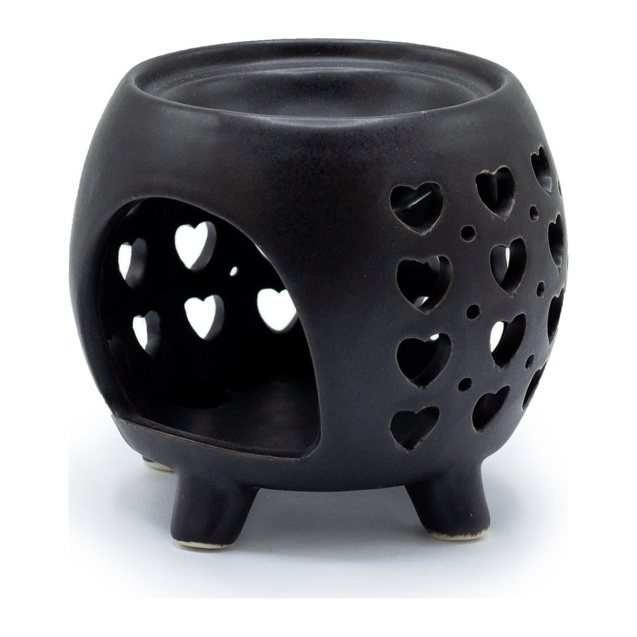 Matt black ceramic squat pot oil burner with a multi hearts design