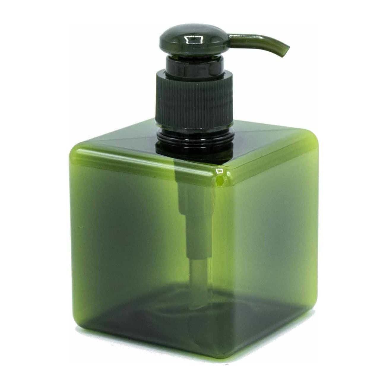 Three green plastic reusable dispenser bottles with pumps