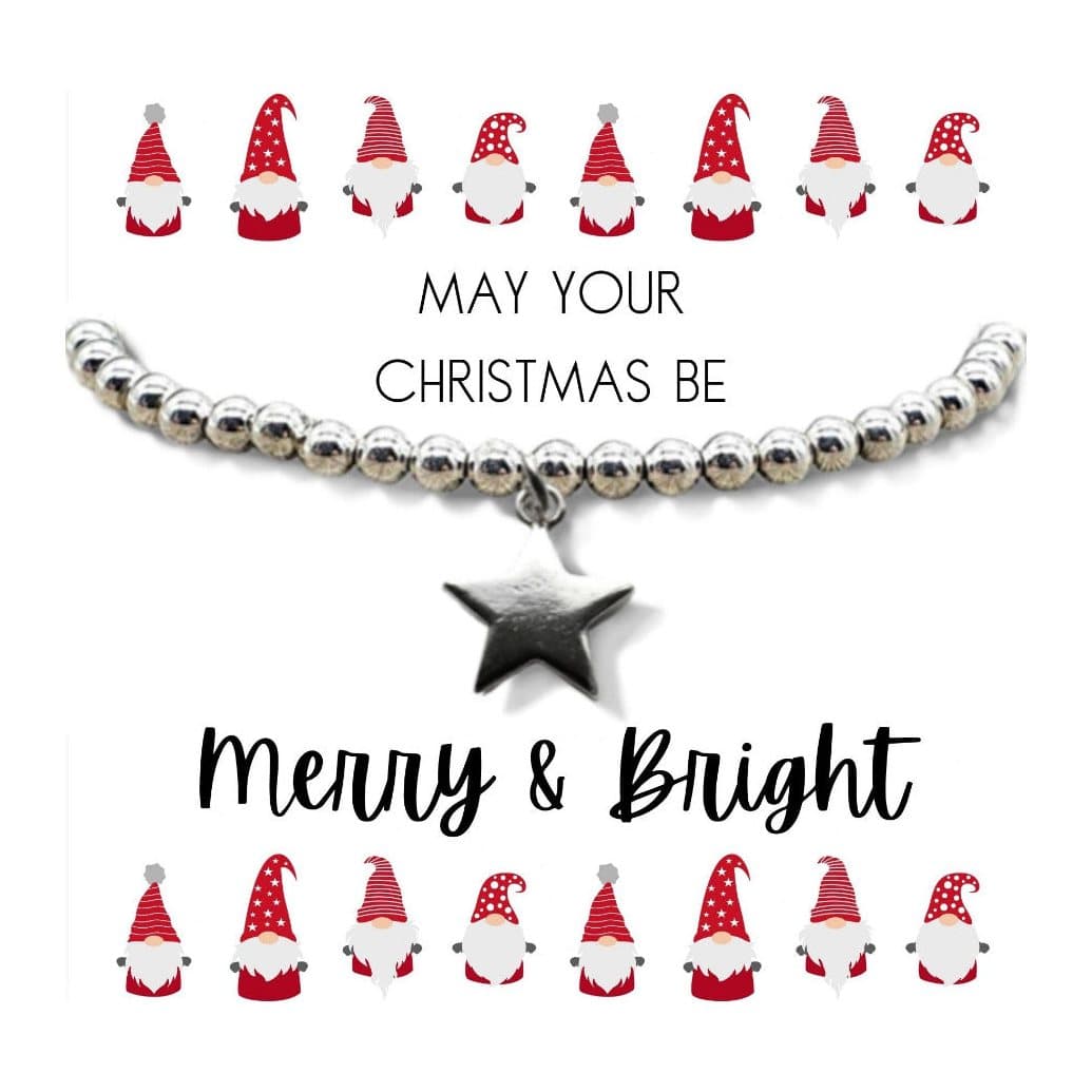 Silver star beaded bracelet on a Merry & Bright Christmas message card