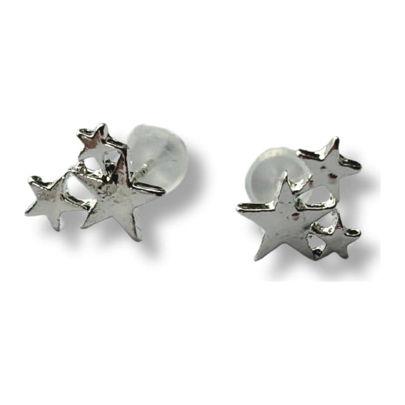 Silver star burst stud earrings with three stars in one stud