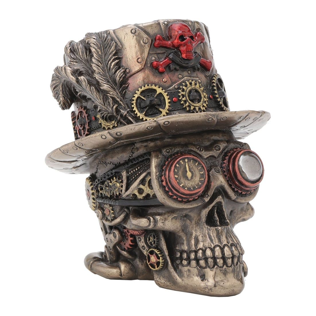 Resin skull in a mechanical top hat with cogs, a feather and clock goggles