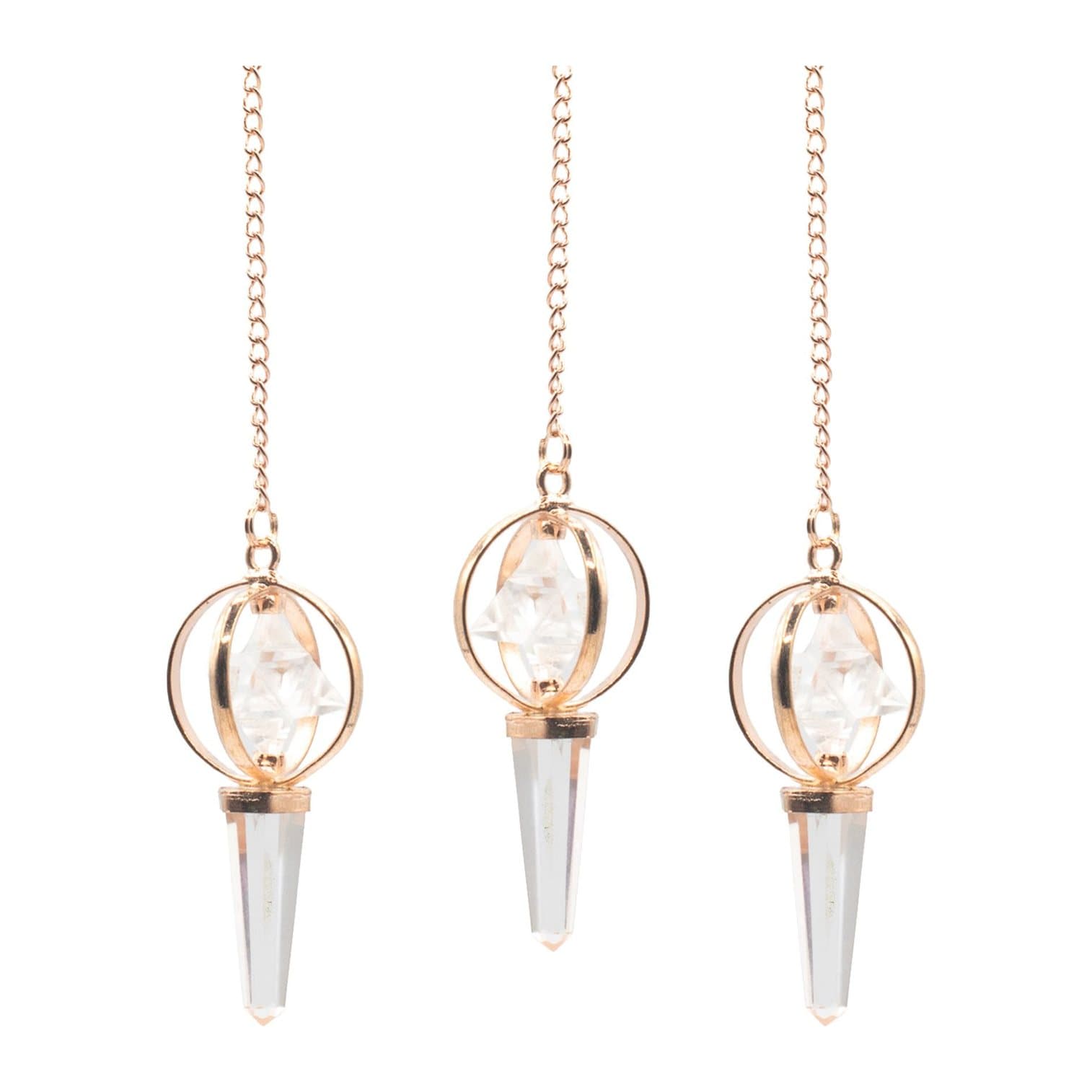 Clear quartz pendulum with a spinning Merkaba star in a copper frame