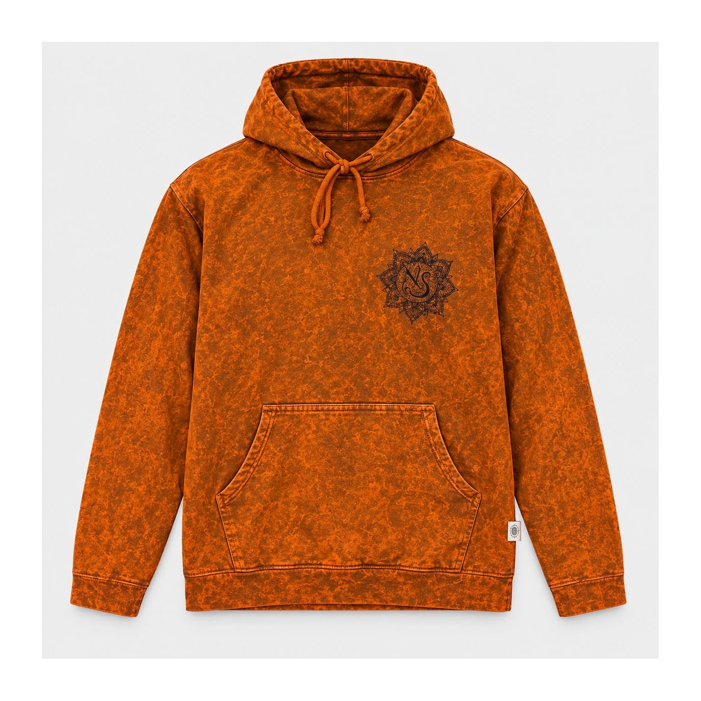 Burnt orange stone washed hoodie with black chest motif