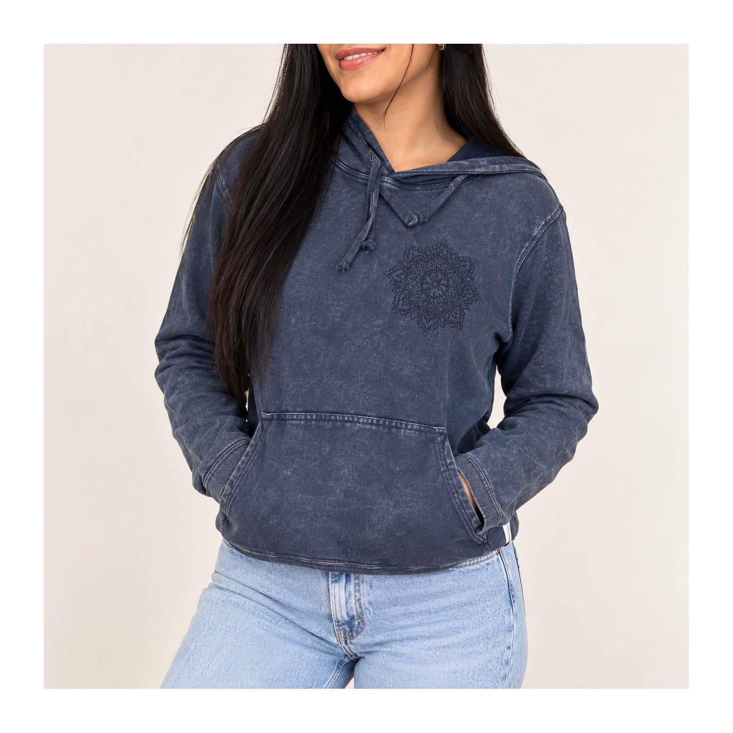 Dusty lavender stone washed hoodie with black chest motif and kangaroo pocket