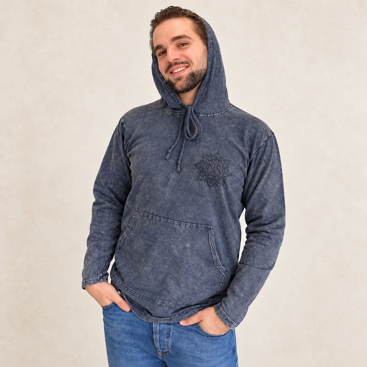 Dusty lavender stone washed hoodie with black chest motif