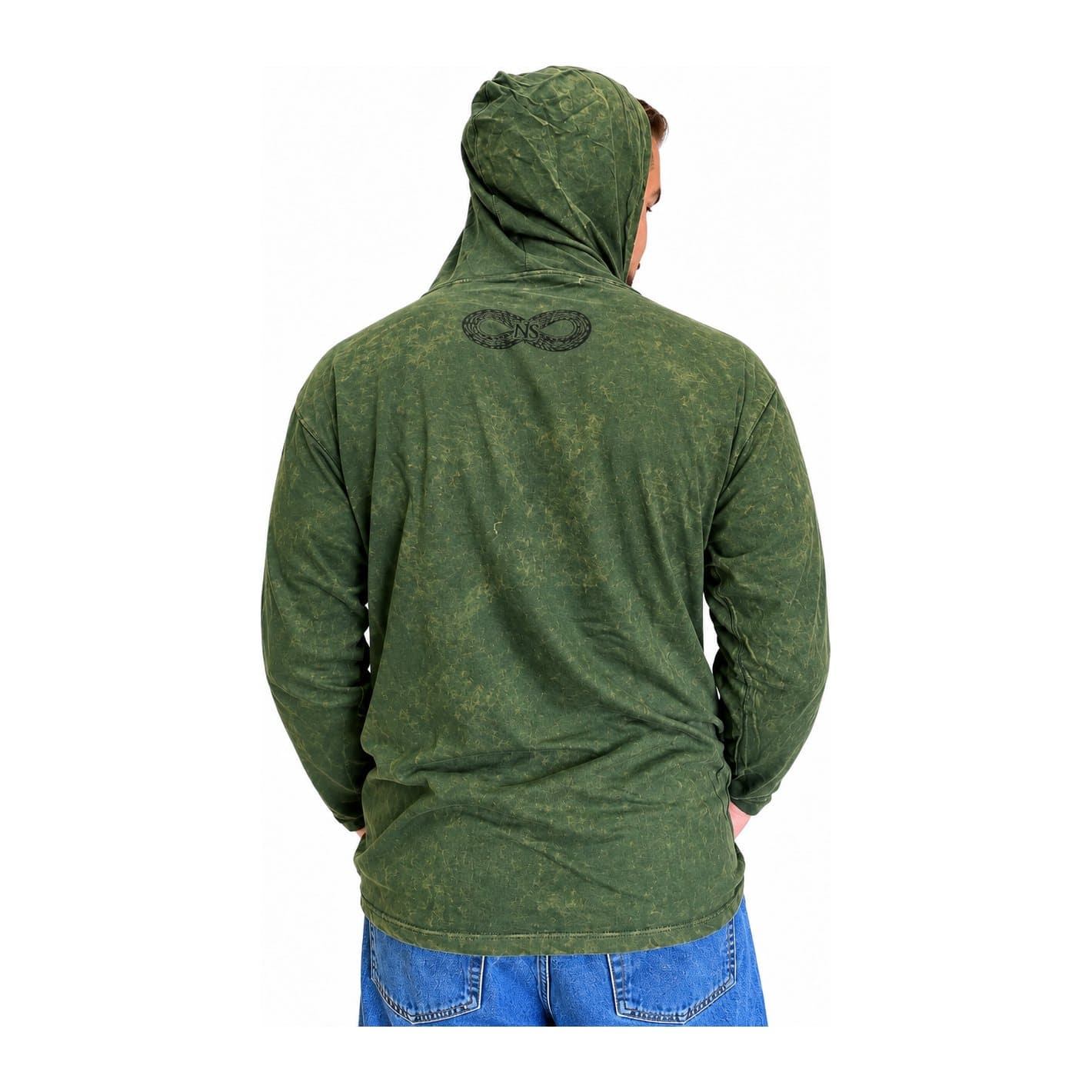 Vintage teal stone washed hoodie with black chest motif and kangaroo pocket
