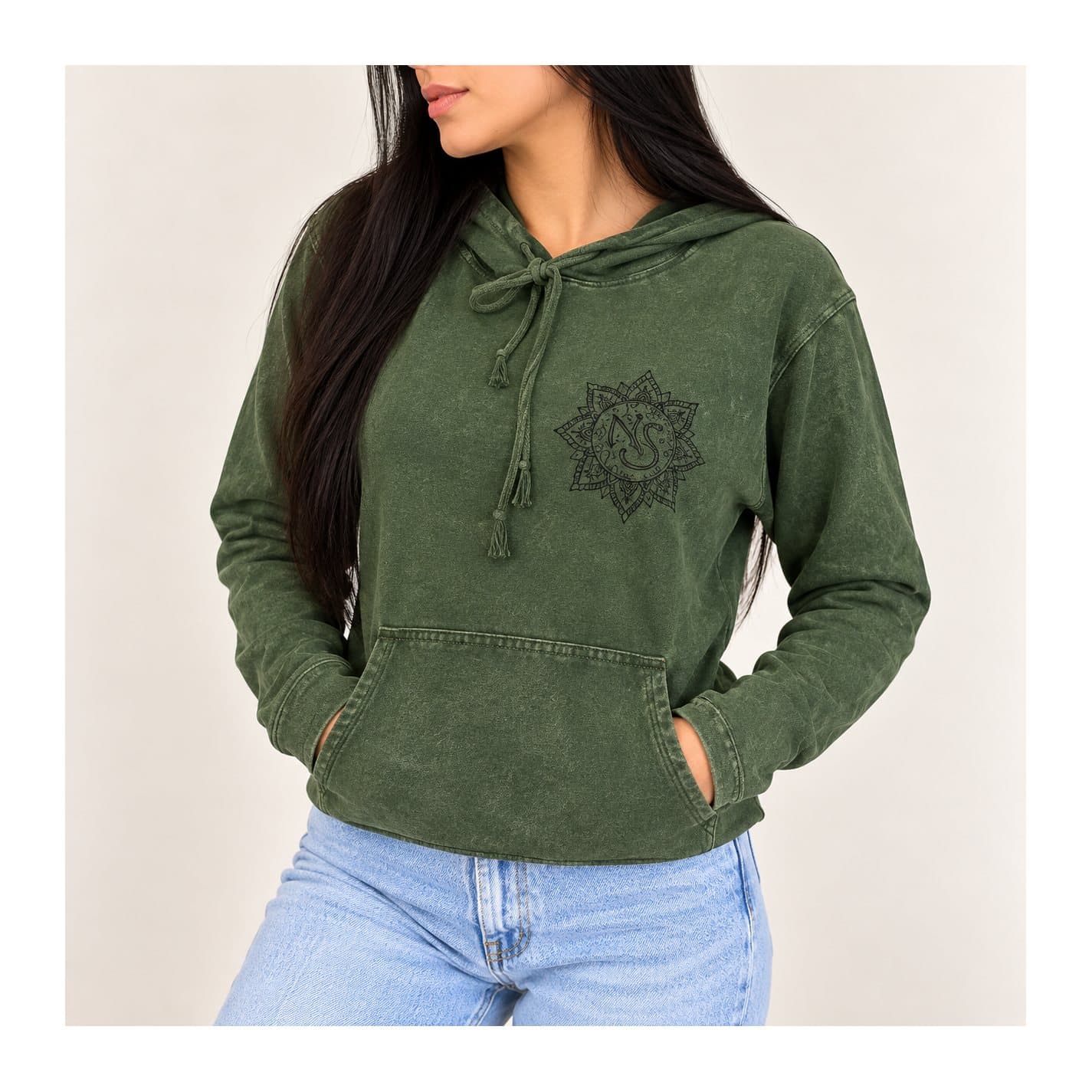 Vintage teal stone washed hoodie with black chest motif