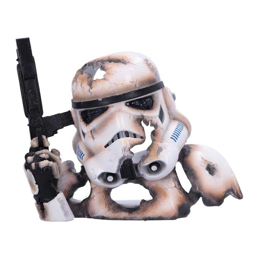 Battle-damaged Stormtrooper bust with blast holes and raised blaster