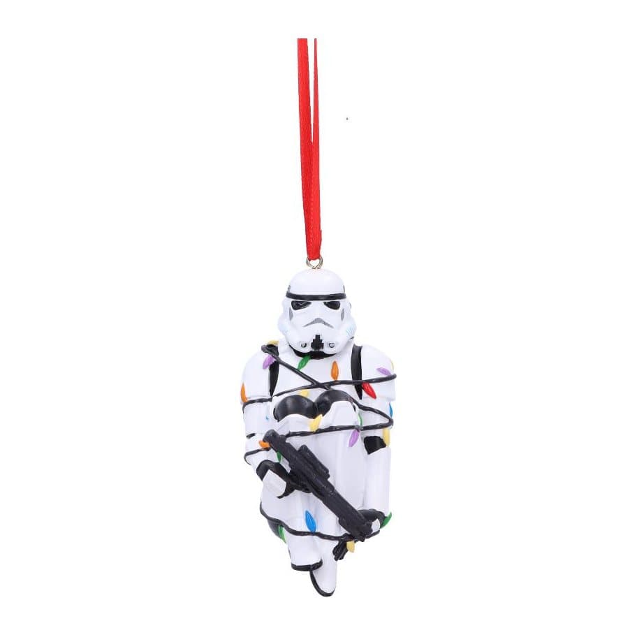 Stormtrooper figure with knees up, wrapped in coloured fairy lights