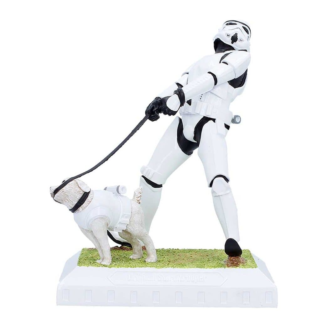 Resin Stormtrooper figurine with an armour-clad pup holding a leash on a grassy base