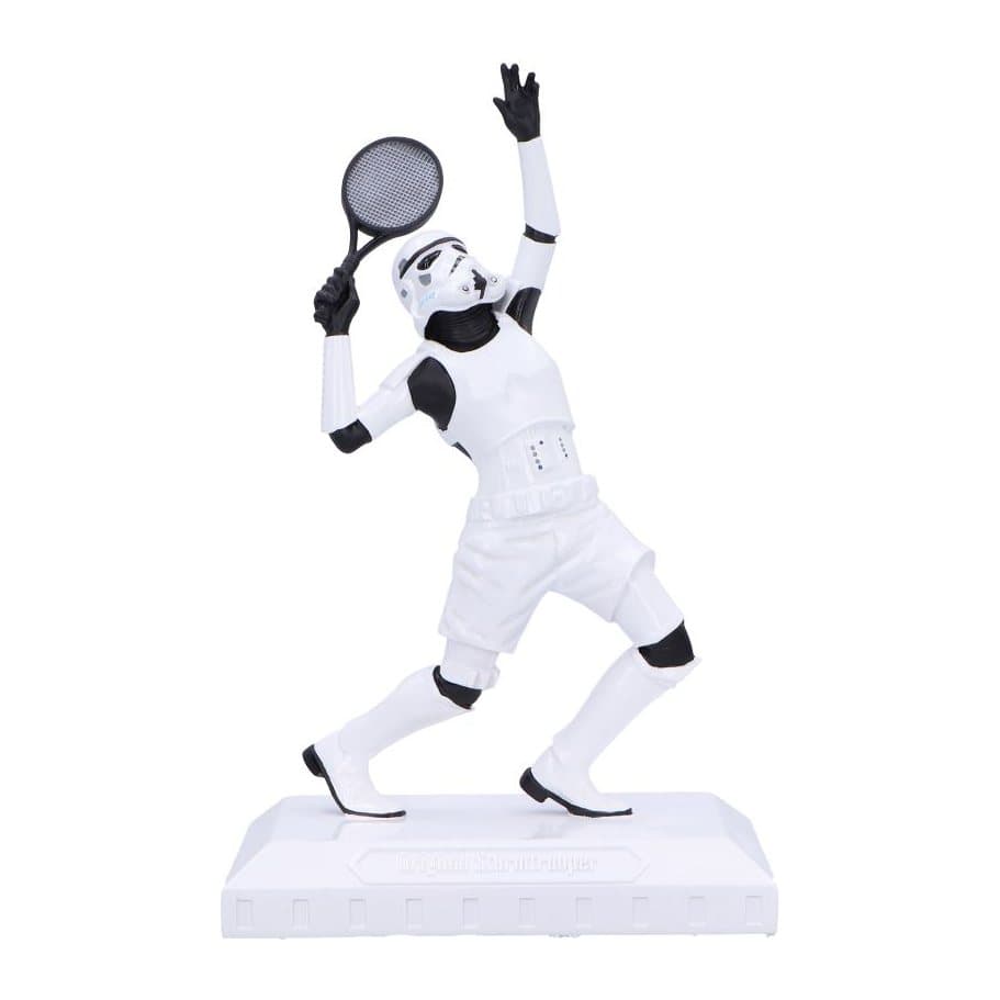 White-armoured Stormtrooper figurine in a tennis serving pose on a display base