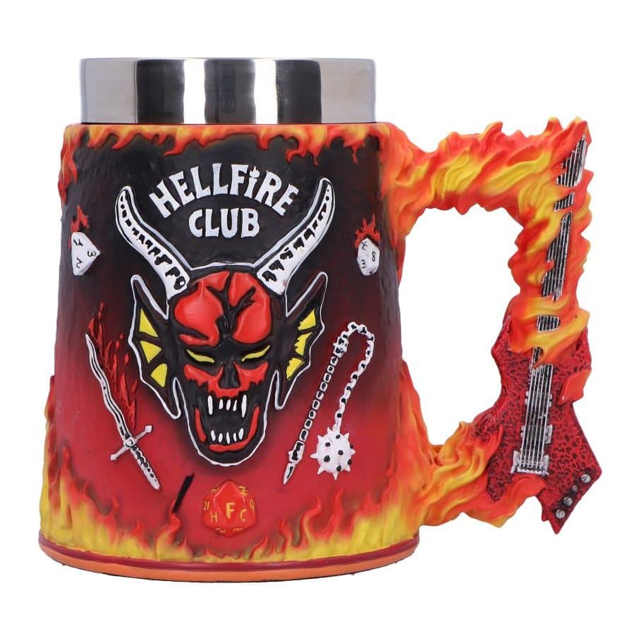Stranger Things Hellfire Club tankard with a fiery red design and flaming guitar handle