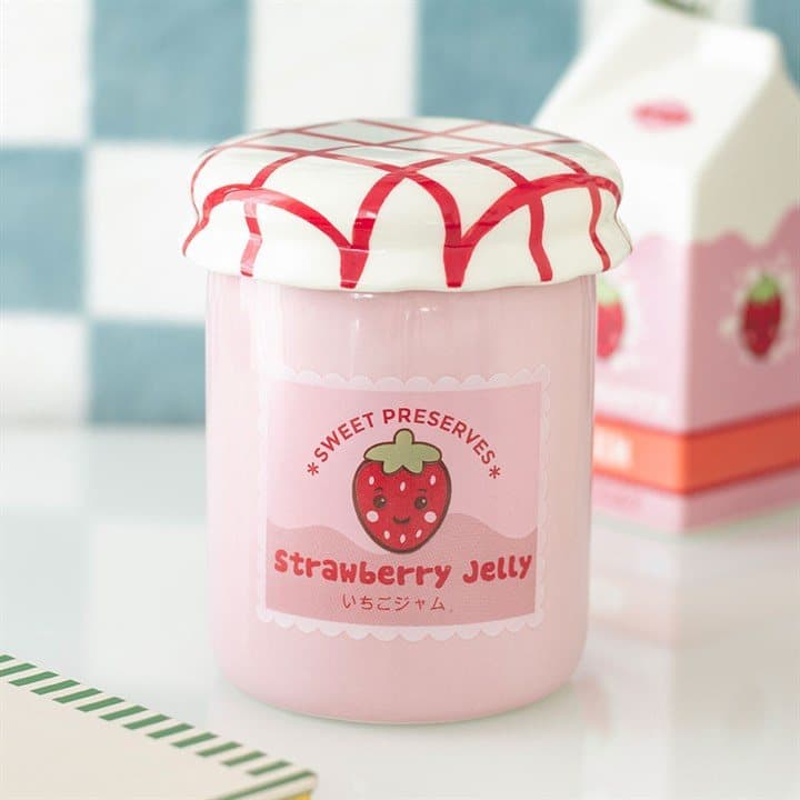 Ceramic strawberry jelly jar oil burner and wax warmer with matching lid
