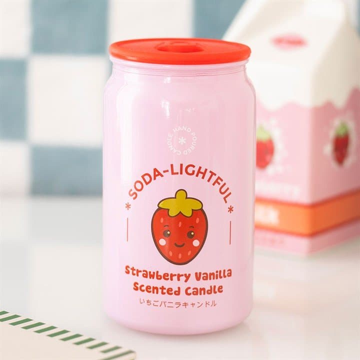 Strawberry vanilla candle shaped like a pink soda can with a kawaii strawberry