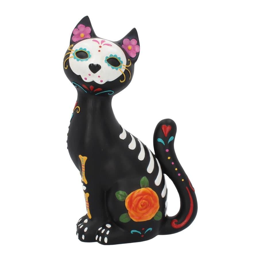 Black cat figurine in a bone-white mask with colourful flower and heart patterns