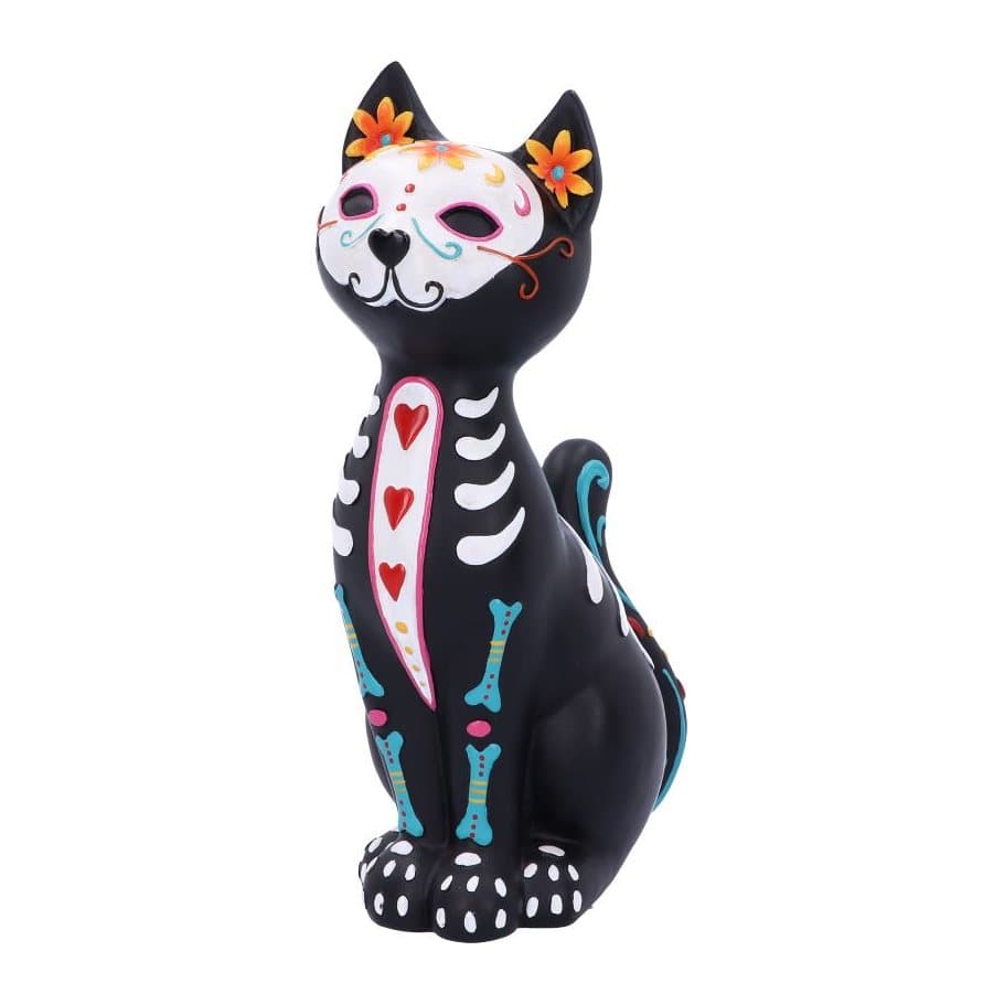 Black resin cat sitting upright in a bone-white mask with colourful flower patterns