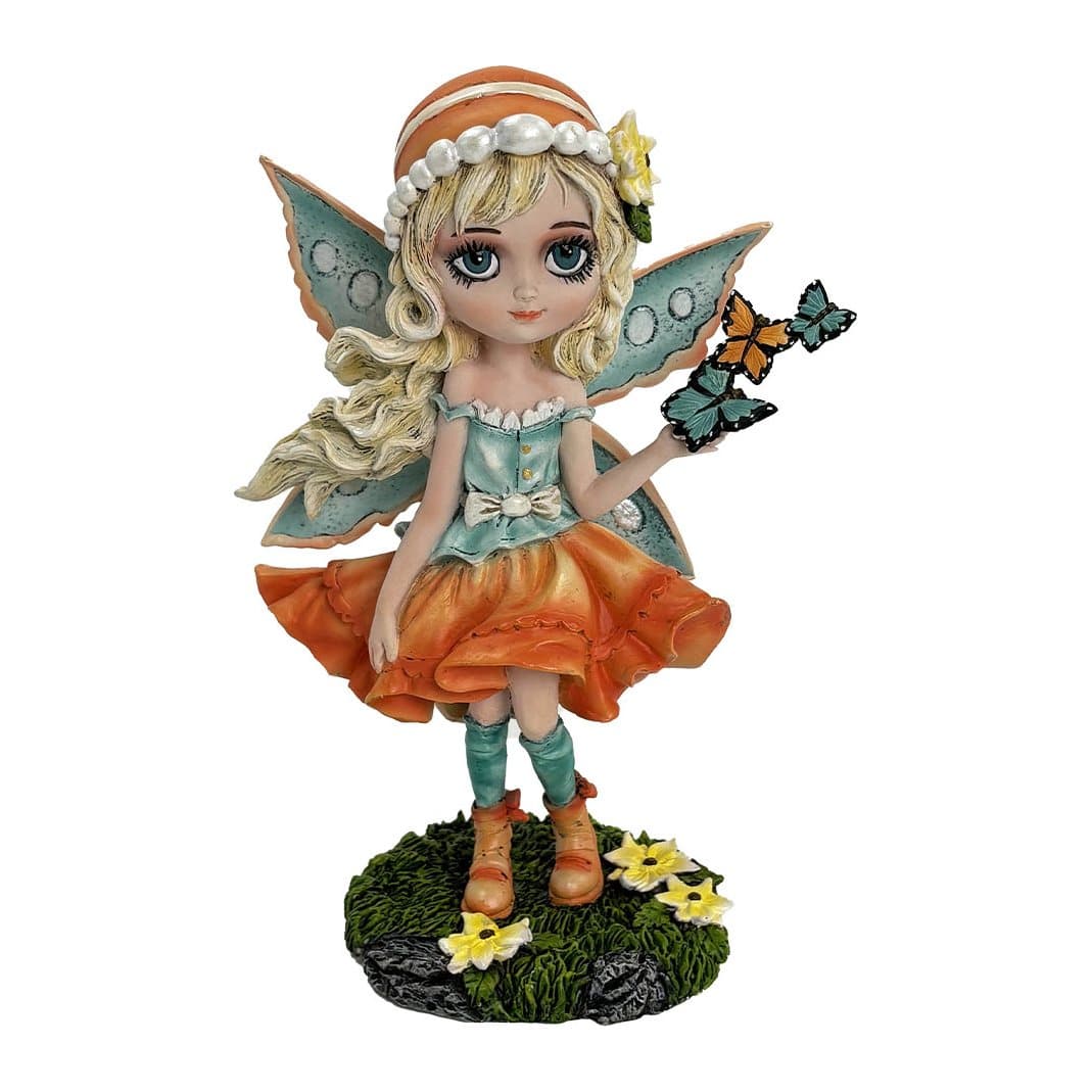 Summer Fae fairy figurine with butterflies, orange hat and yellow flowers