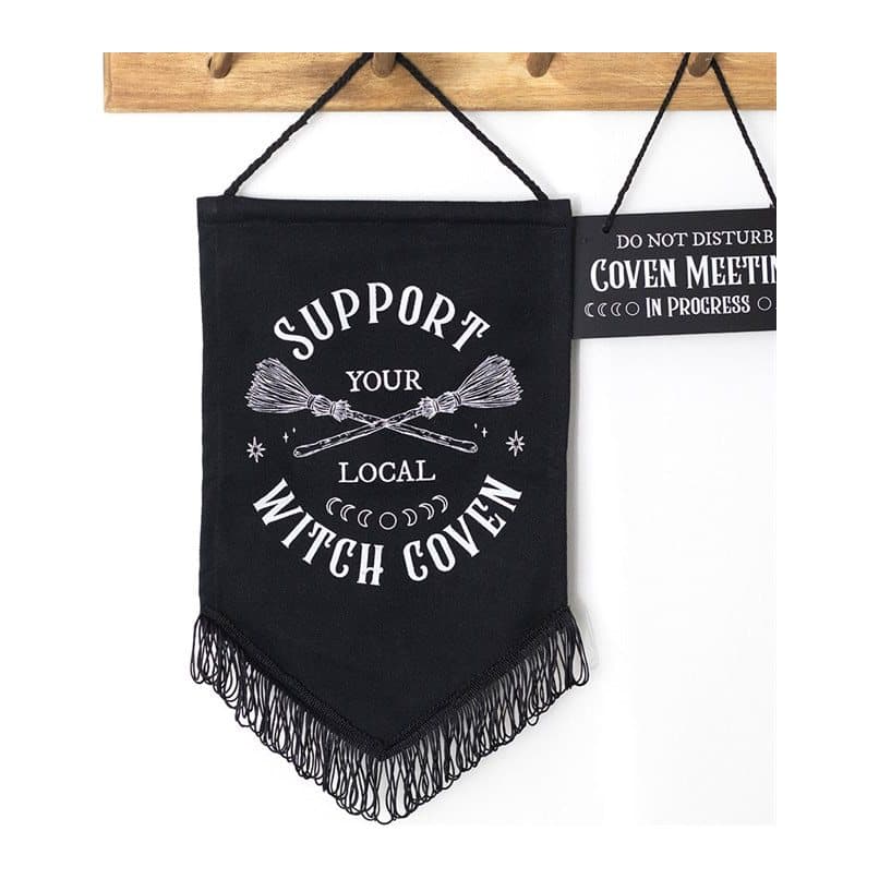 Gothic fabric banner reading Support Your Local Witch Coven with crossed brooms