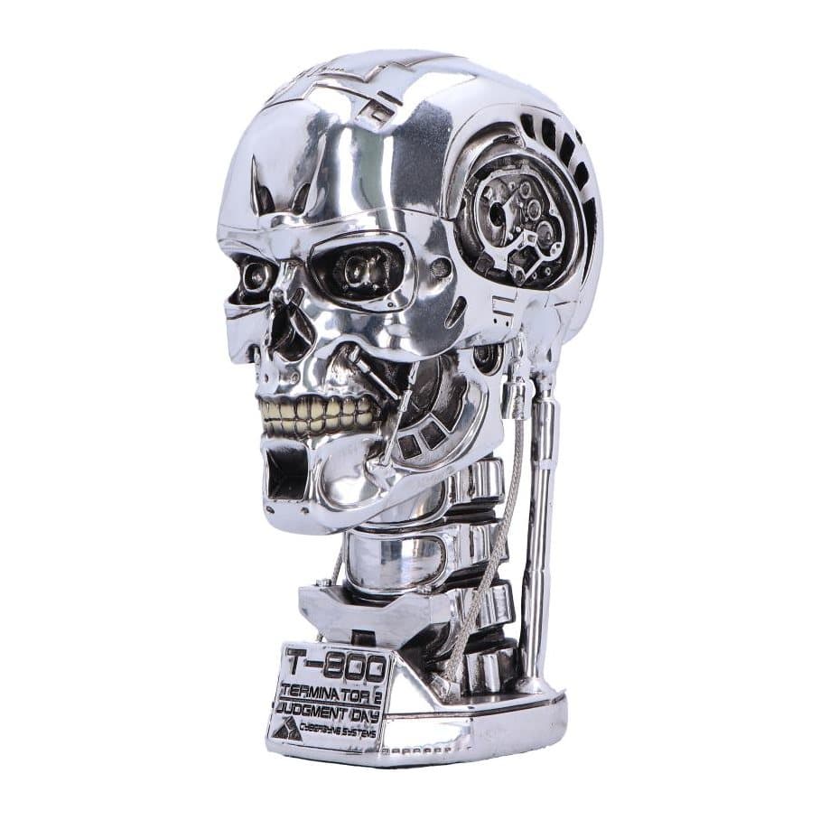 T-800 Terminator chrome display head with glowing red LED eyes