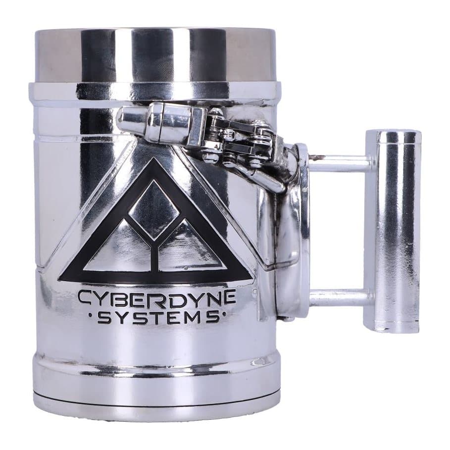 Silver tankard gripped by a T-800 Terminator skeletal metal hand with exposed hydraulics