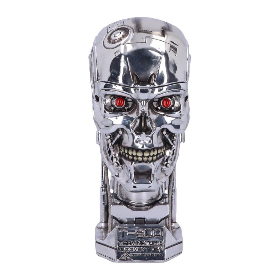 T-800 Terminator head bust with glowing red eyes on a metallic base
