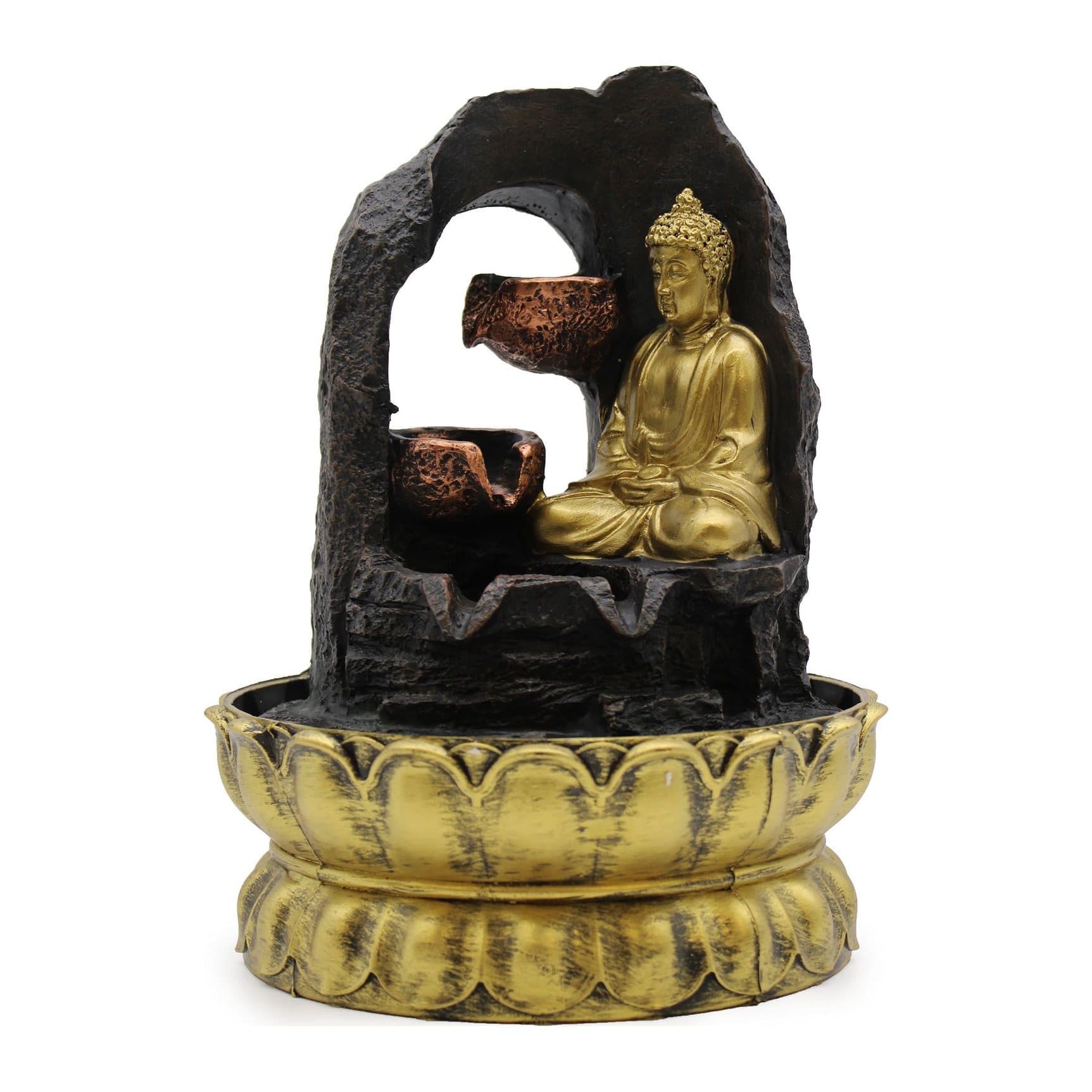 Golden meditating Buddha tabletop water feature