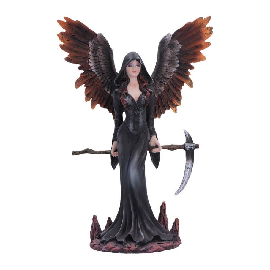 Gothic female reaper fallen angel figurine with raised wings and scythe