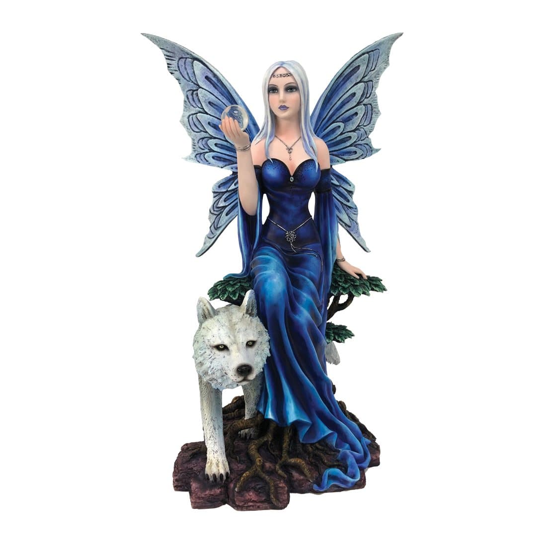 Silver-haired fairy in a blue dress on a rooted tree beside a white wolf