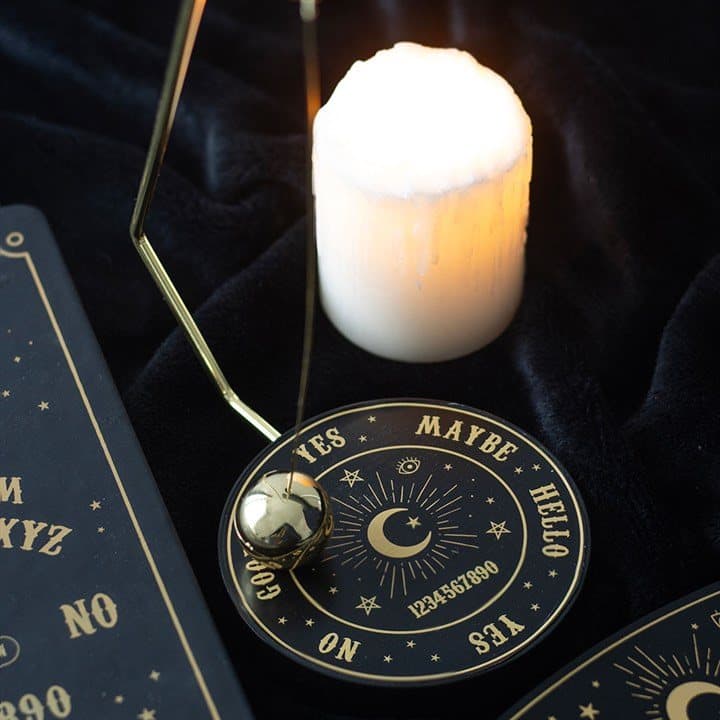 Metal talking board pendulum decision maker with a gold-tone spherical pendulum