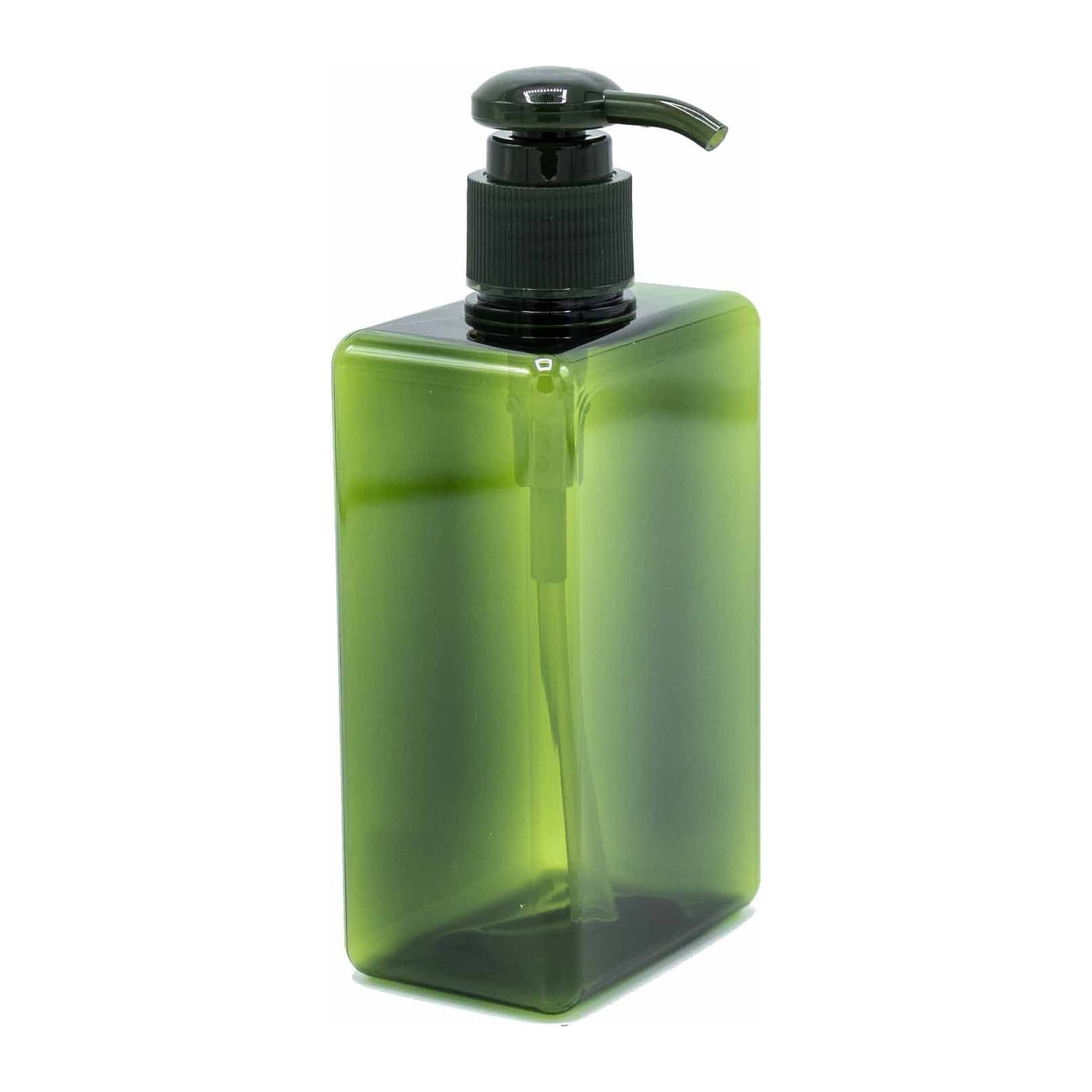 Three reusable plastic pump dispenser bottles in a green hue