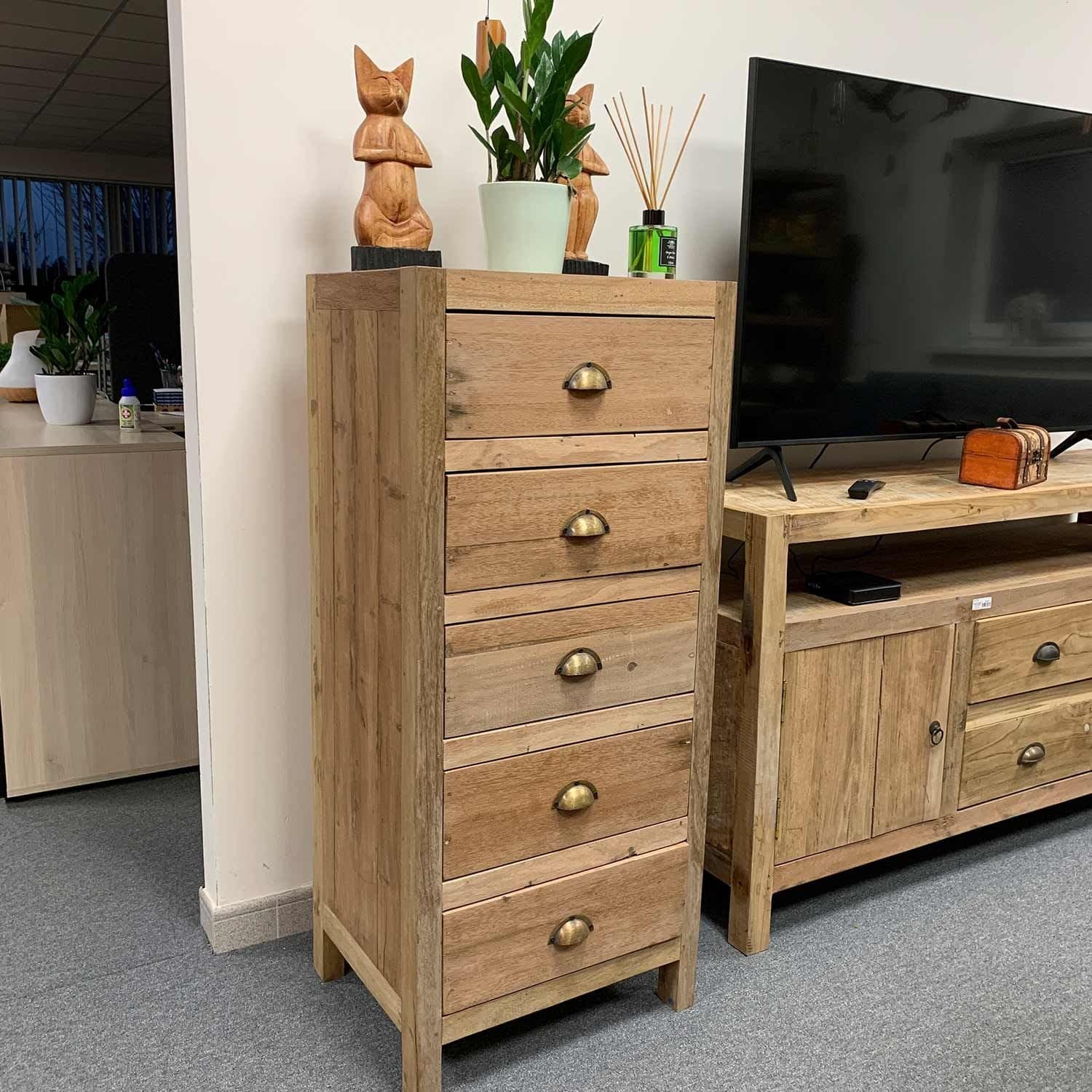 Tall five drawer chest in recycled teak wood with a rustic natural finish