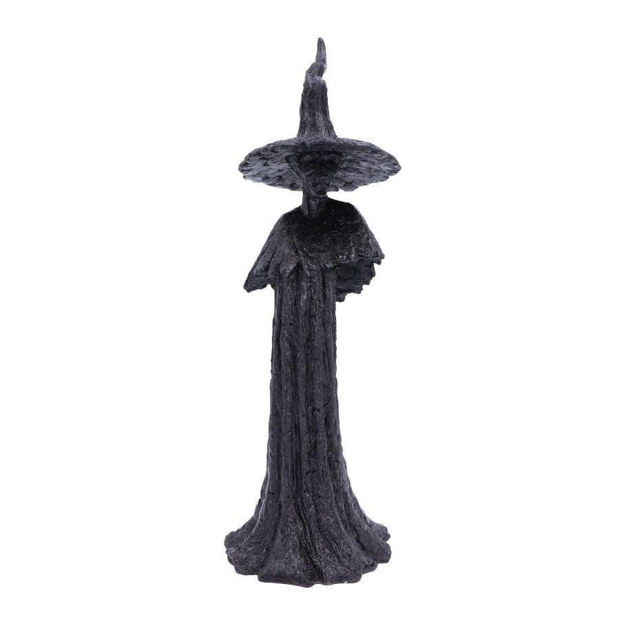 Black glittered forest witch ornament shaped like an aged tree