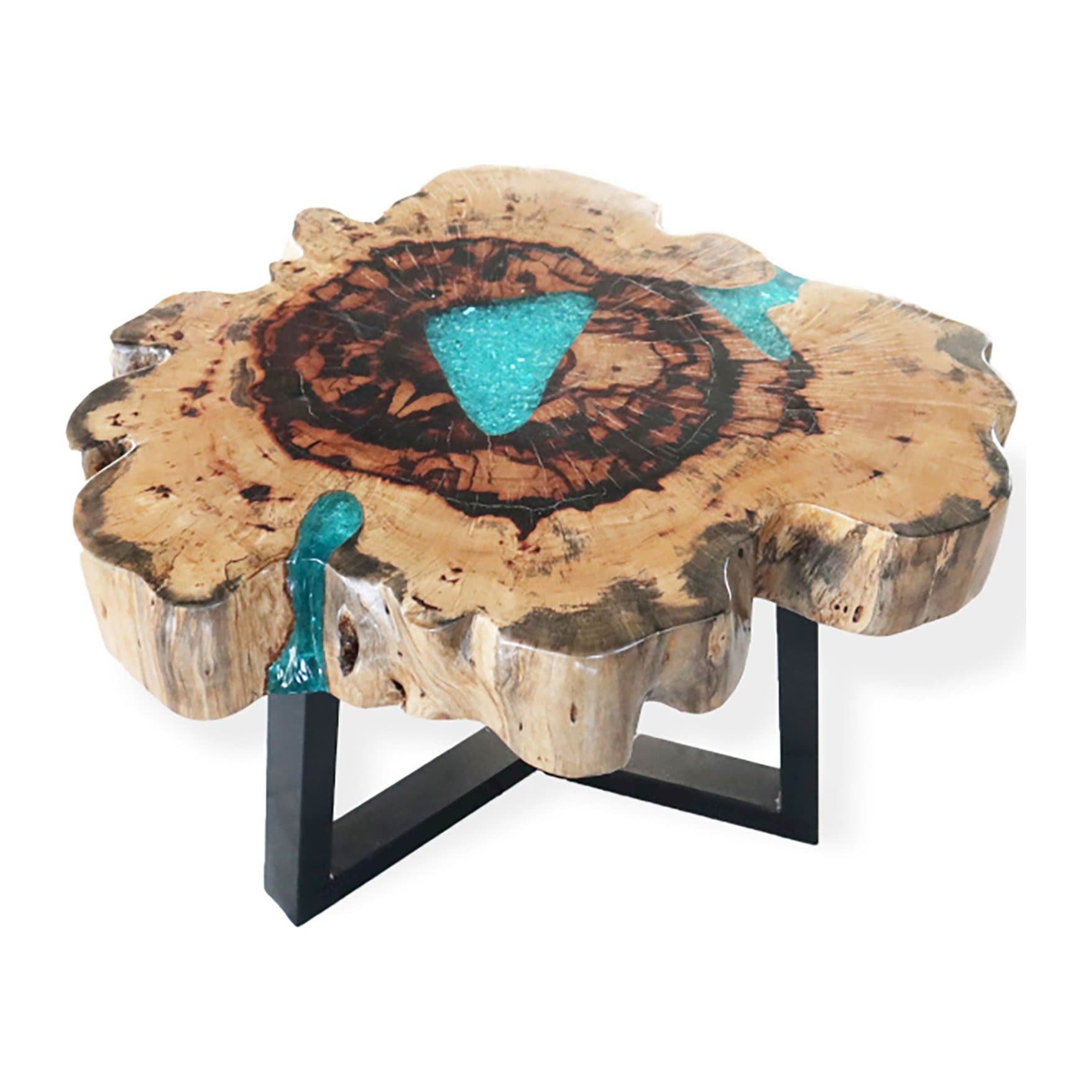 Tamarind wood coffee table with aqua resin on metal legs