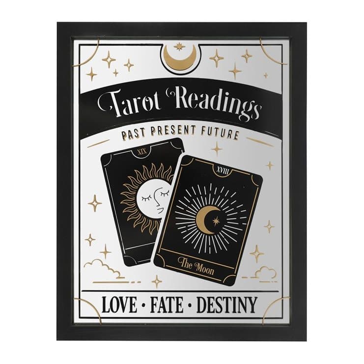 Mirrored tarot wall hanging with a gold foil tarot card design and celestial details