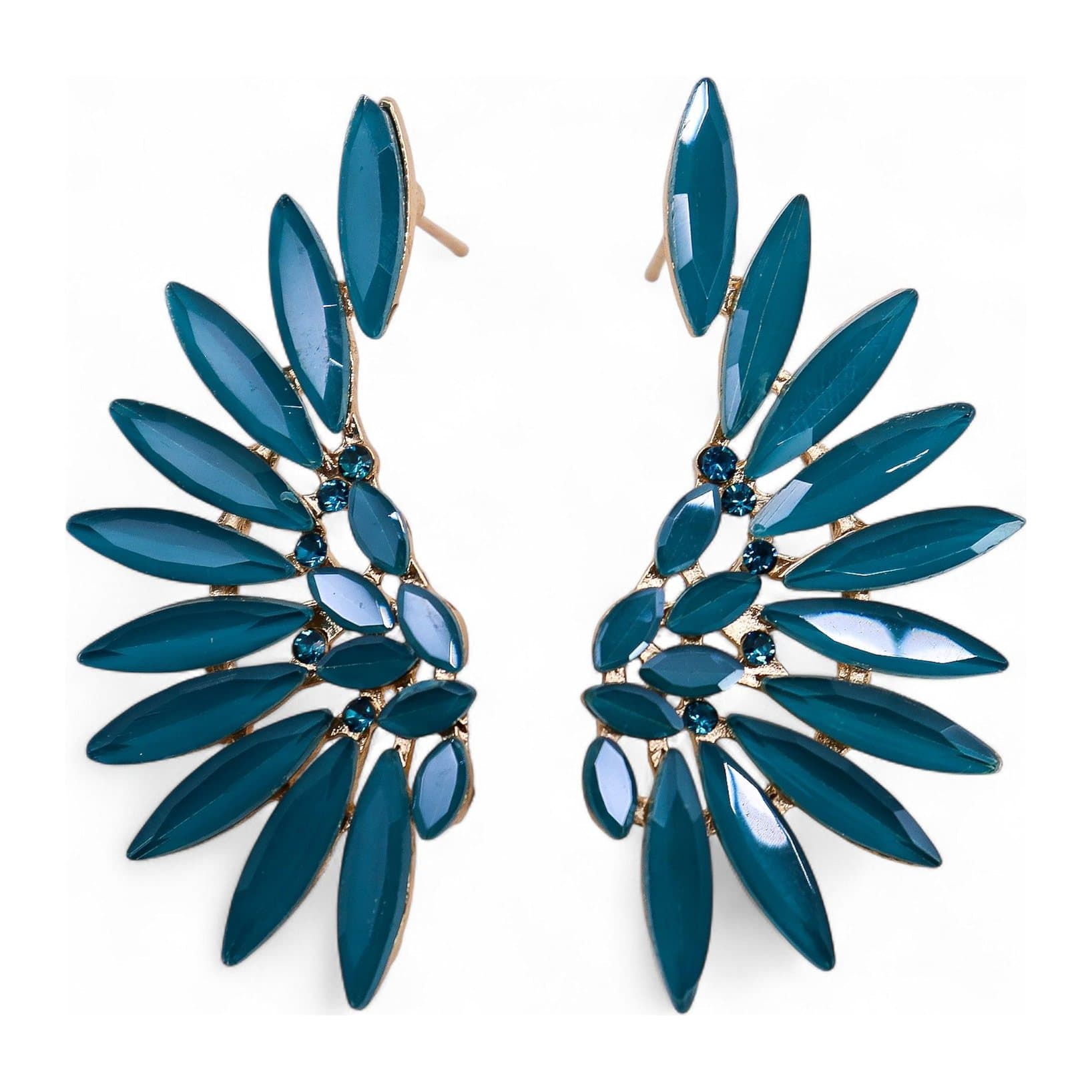 Teal green glass angel wings earrings with winged stainless steel