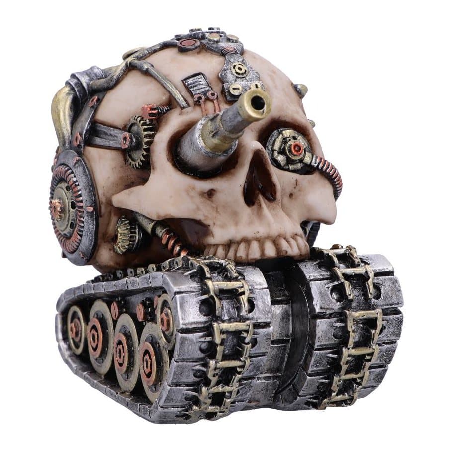 Steampunk skull on tank tracks with a gun in one eye socket and gold and silver pipes