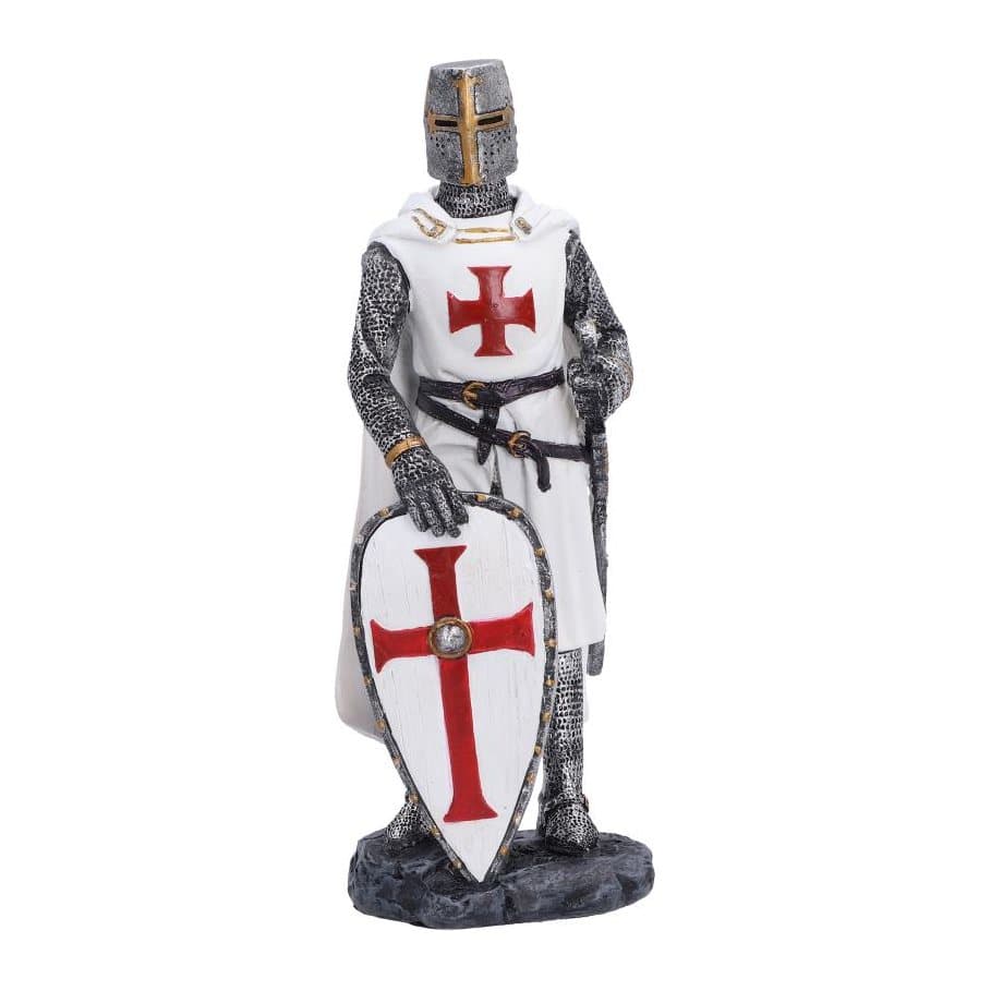 Templar knight figurine with hand on shield and sword in its sheath on a rocky base