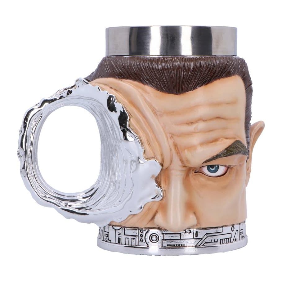 T-1000 collectible tankard with a bullet hole blast on the front and handle